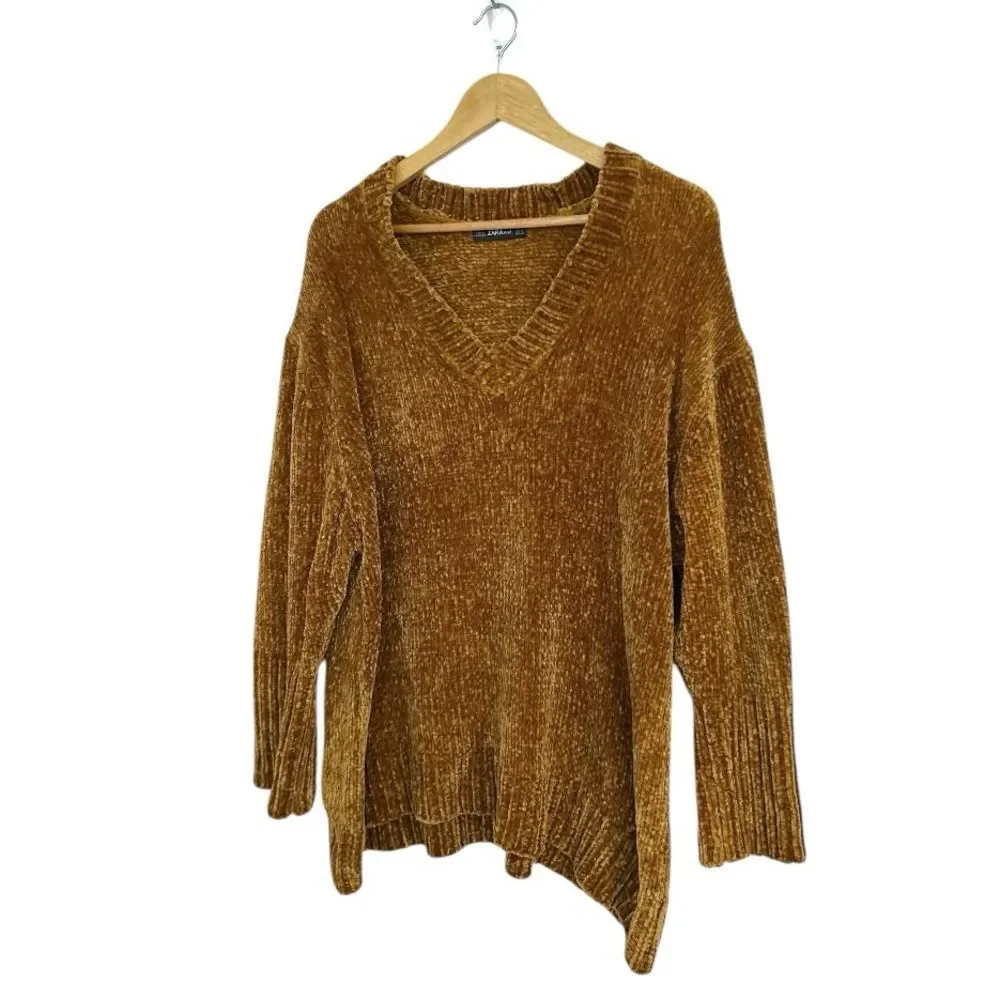 Zara Gold Oversized Chunky Knit Long Sleeve V Neck Sweater, Size Medium - Picture 4 of 7